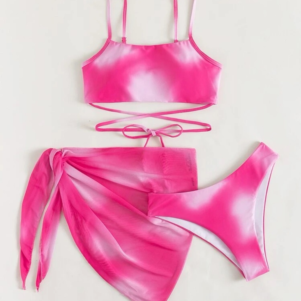 Ombre Bikini Set Criss Cross Top & Bottom & Cover
Up Skirt 2 Piece Bathing Suit